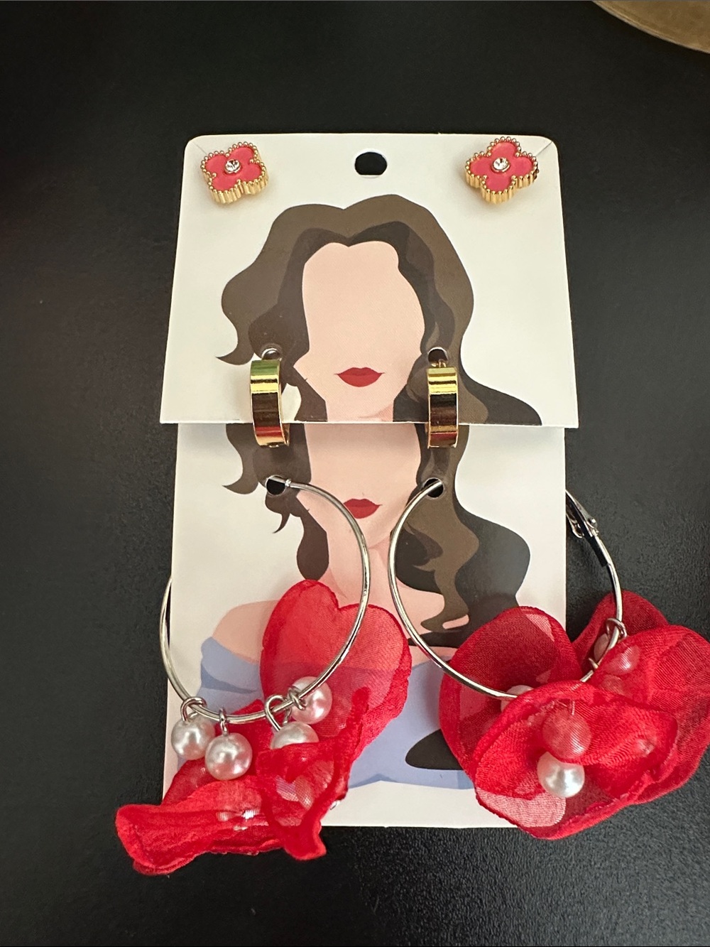 Red Floral Hoop Earrings & Gold Flower Stud Set